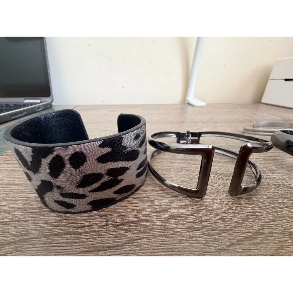 Statement Cuff Bangle Bracelet Lot 6 Gold Silver Gunmetal Leopard Enamel Faux